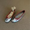Sheepskin version~ French bow silver ballet shoes women's one-pedal grandma shoes round head light mouth flat-soled single shoes women