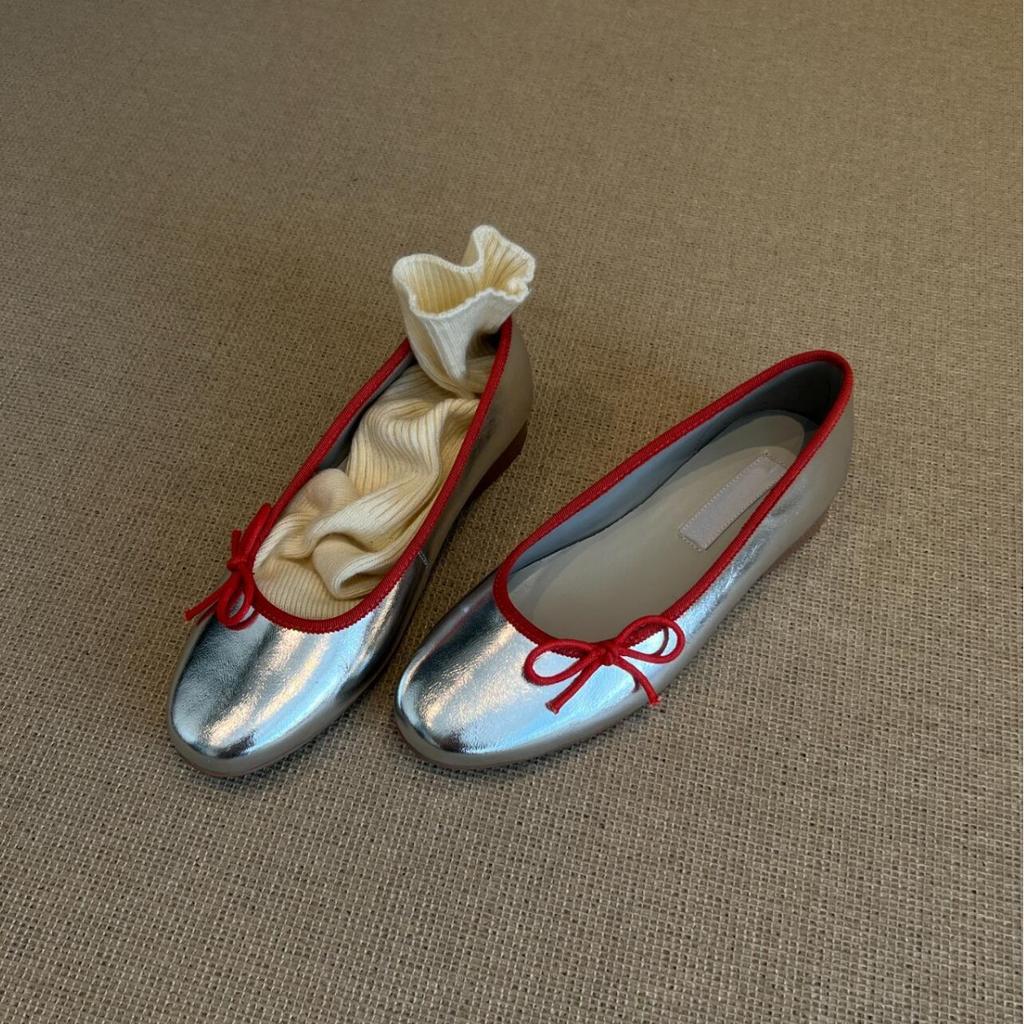 Sheepskin version~ French bow silver ballet shoes women's one-pedal grandma shoes round head light mouth flat-soled single shoes women