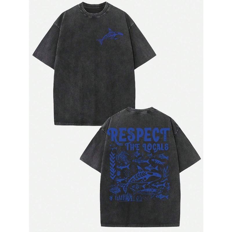 women s Vintage Marine Life Pattern T-Shirt - 230g Heavy Washed Cotton, Loose Fit, Double-Sided Print S