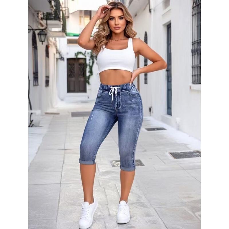 Women S Jeans With Elastic Waistband And Drawstring High-Waisted Ripped Women S High-Stretch Denim Shorts Versatile And Casual Style S синий