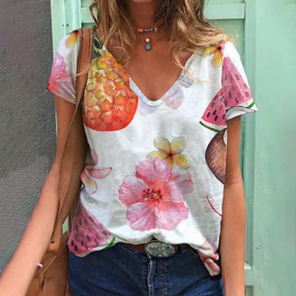 Tropical Plant Fruit 3D Printing T-shirt Summer Women's V-neck T-shirt Street Women's Clothing