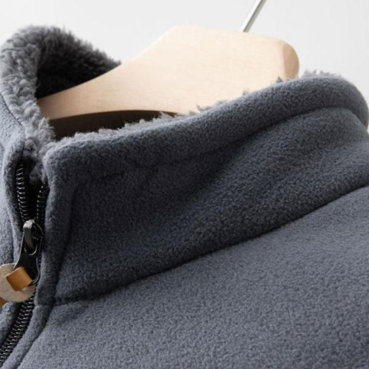 Solid Color Men Coat Stand Collar Cardigan Jacket Polar Fleece Lining Long Sleeve Zipper Placket Daily Wear Outwear