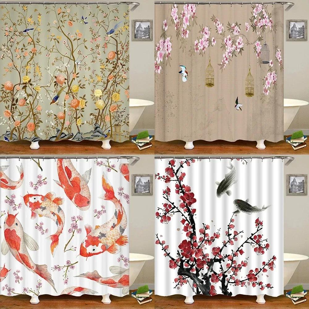 Duschvorhänge im chinesischen Stil mit Blumen und Vögeln, wasserdicht, Badezimmervorhang, 3D-bedruckter Stoff mit Haken, Dekoration, Duschvorhang