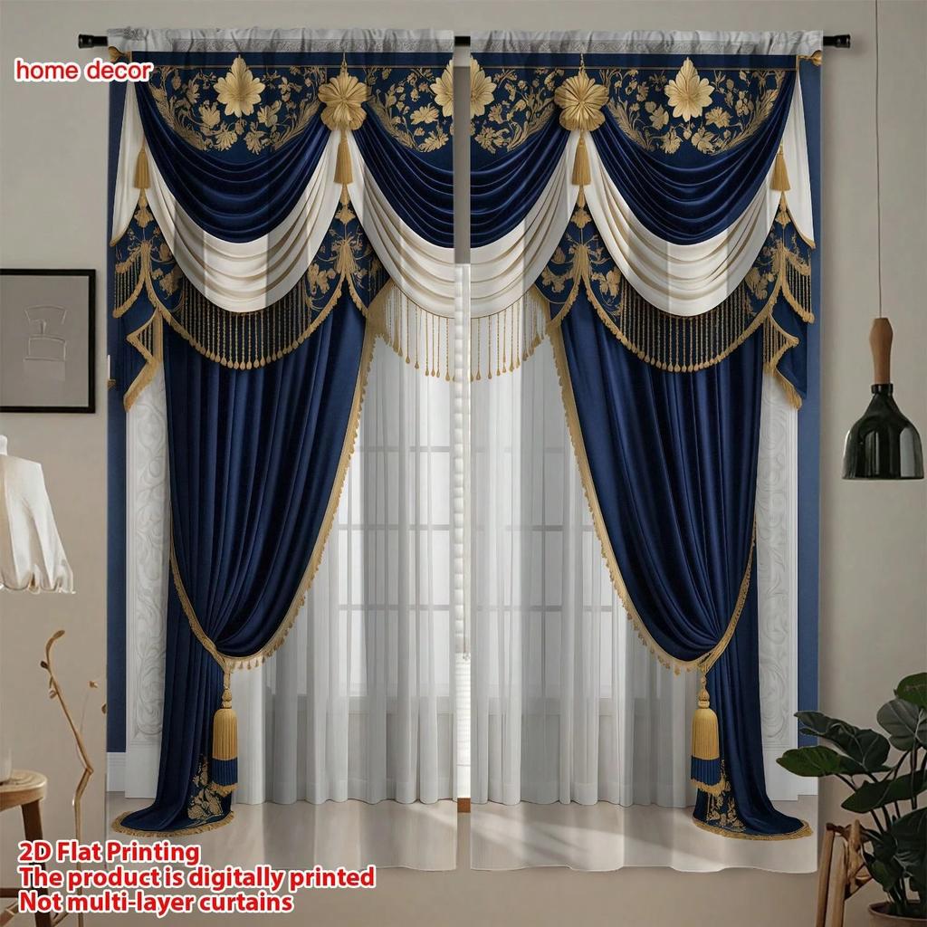 2 Stück Luxus-Stil Halbtransparente Polyester-Vorhänge mit goldener Quastenverzierung, Marineblaues Satin, Exquisite Schnitzerei für reichen Fall