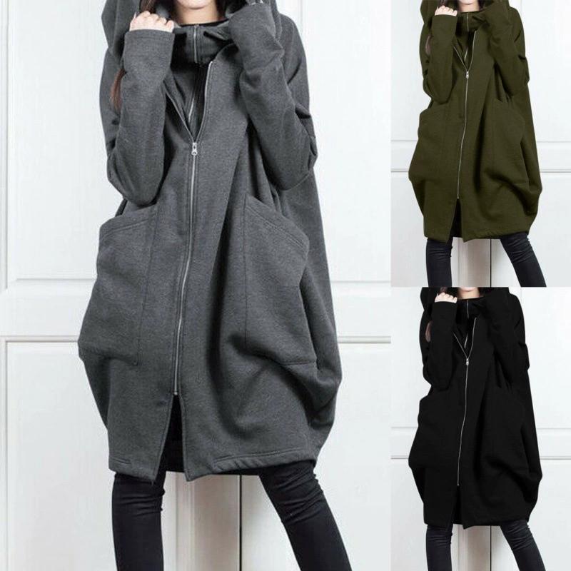 Hooded Pocket Hoodie Zipper Mid Length Fake Two Piece Loose Jacket for Women