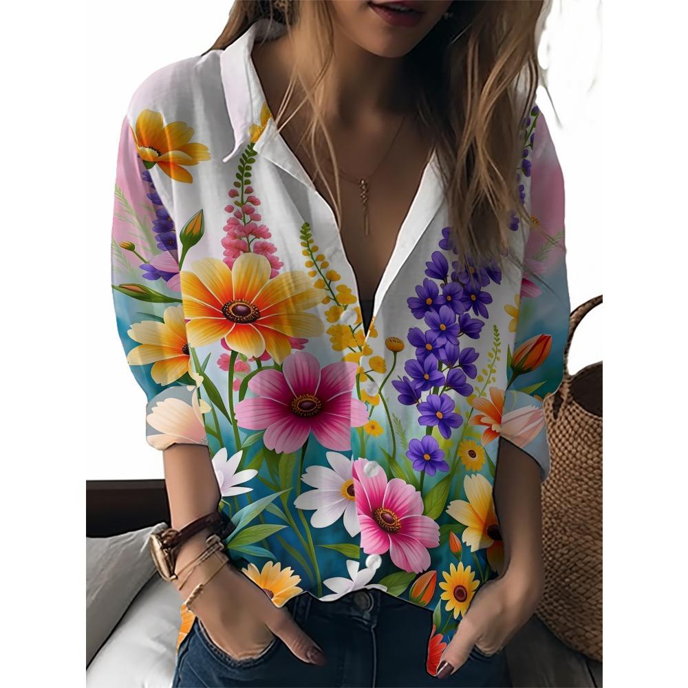 Summer Minimalist Shirt with Floral Digital Print Button Up Shirt Top for Women's Hawaiian Beach Vacation Casual Shirt