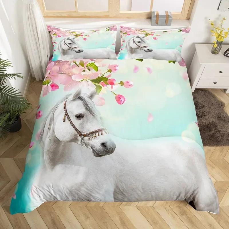 3D Horse Duvet Cover King Queen Size Yellow Sunflower Bedding Set Floral Animal Theme Quilt Cover Wildlife Soft Comforter Cover