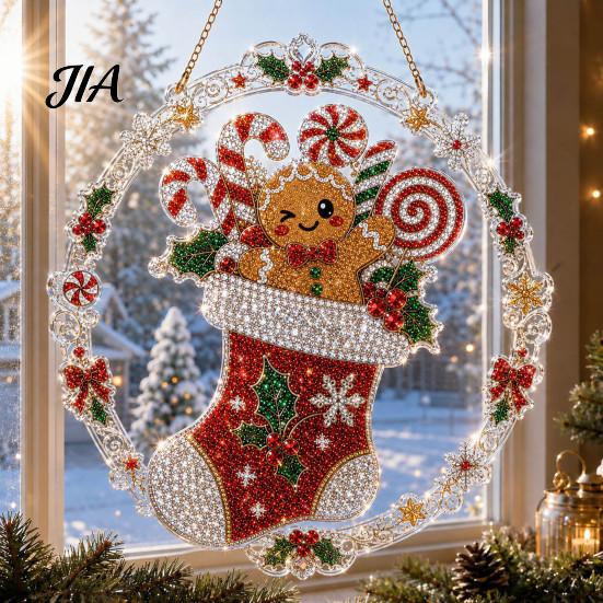 Decorative Acrylic Craft Christmas Faux Diamond Art Suncatcher, 2D Flat Window Hanging Ornament, Seasonal Home Accents Beaded Pattern Holiday