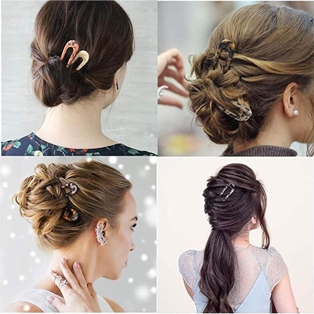 TsLinc 10 Pcs French Style Cellulose Acetate Tortoise Shell U Shaped Hair Pin Fork 2 Prong Updo Chignon Pin U-shaped Hair Pins Stick for Women Girls