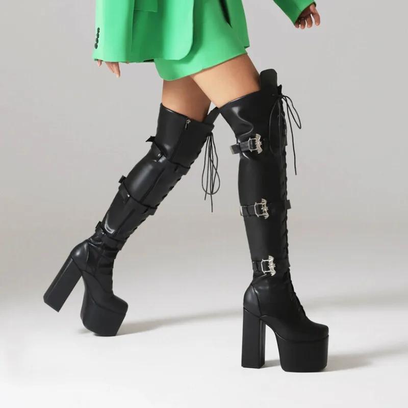 High Heeled Over The Knee Women'S Boots With A Square Buckle And Round Toe Platform Boots Thick Heel Women Shoes Plus Size43