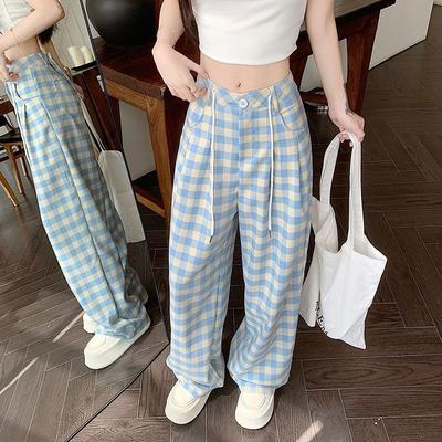 Yazlık Kadınlar İçin Mavi Ekose Geniş Paça Pantolon Yeni Yüksek Bel Dökümlü Salaş Stil Bol Düz Günlük Pantolon