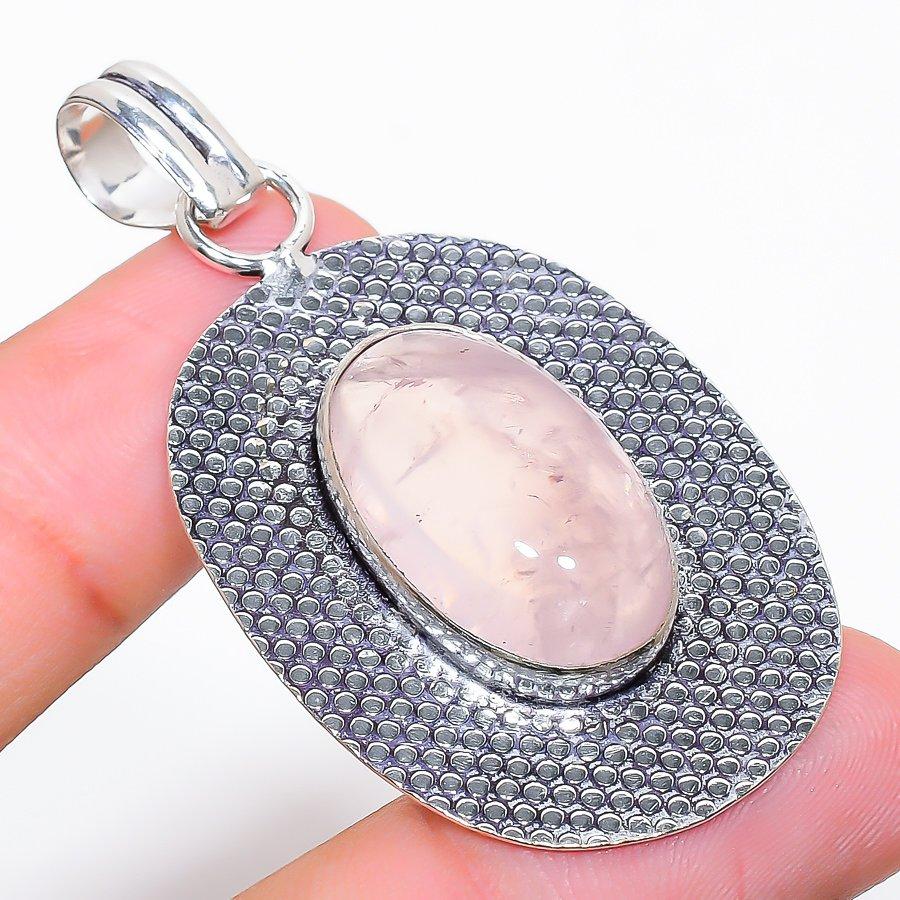 Rose Quartz Gemstone Handmade 925 Sterling Silver Jewelry Pendant 2.21"
