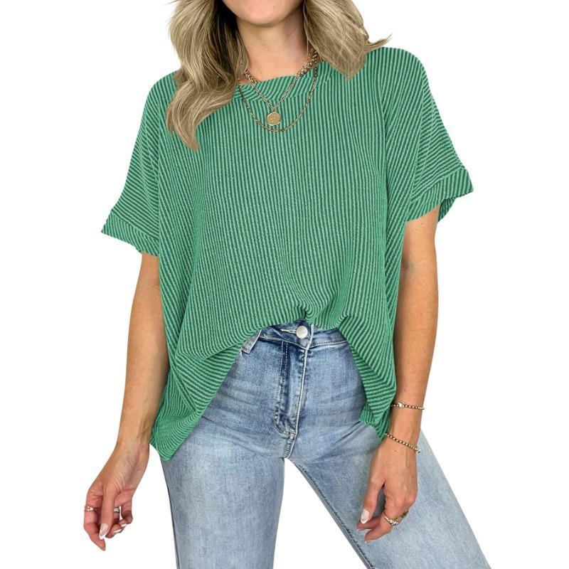 Loose Round Neck Batwing Sleeve Striped Pullover Short Sleeve Casual T Shirt
