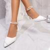 Fashion Pointed Toe Pearl Ankle Strap High Heels Pumps Women White Satin Bowknot Banquet Party Shoes Woman Elegant Stiletto Heeled Pumps