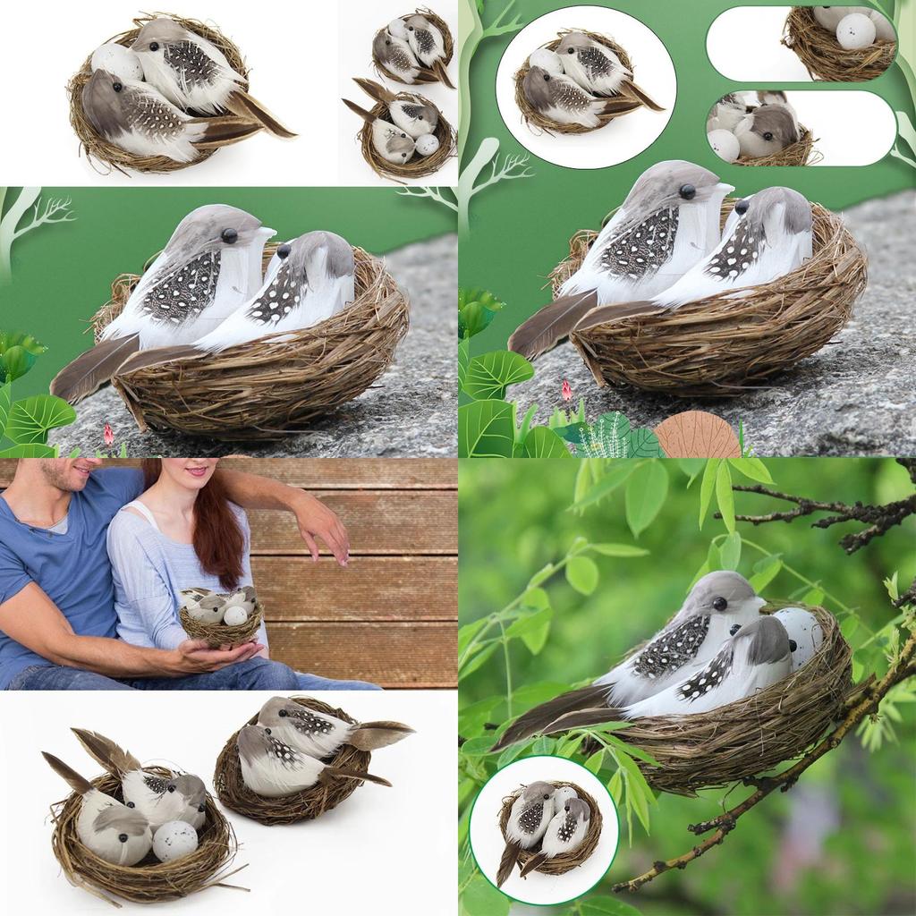 Set Realistic 1 Feathered Birds With Nest Birds Egg Artificial Garden Decor Tree