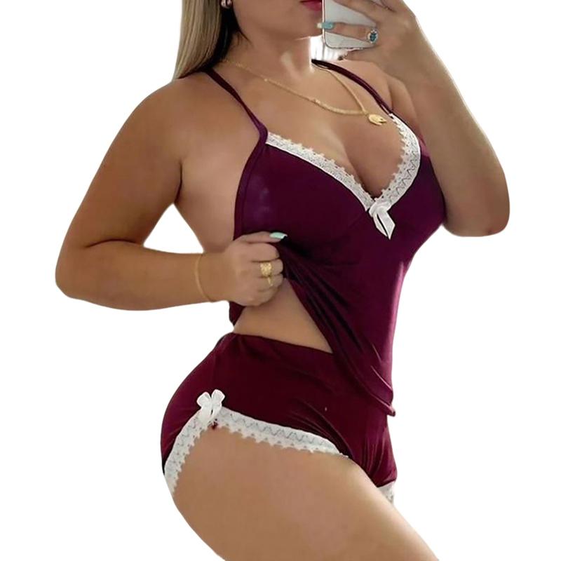 Women's Pajamas Set Lace Trim Sleeveless Top and Shorts