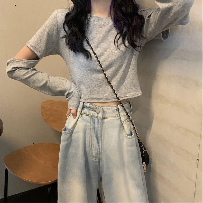 Langermede T-skjorter Kvinner Løse Hotsweet Hollow Out Crop Tops Studenter Mote Enkel All-match Våren Uformelt koreansk stil Ins