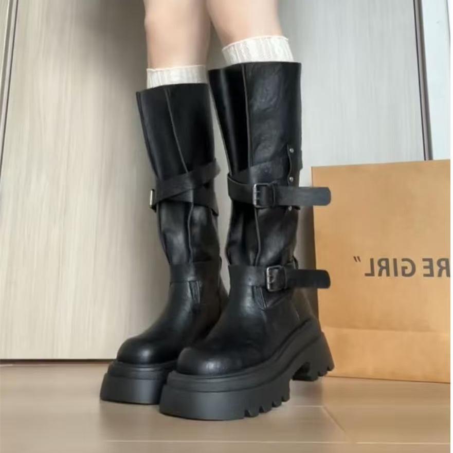 Thick-soled high boots children's 2025 new autumn and winter retro but knee belt buckle long boots slim knight boots