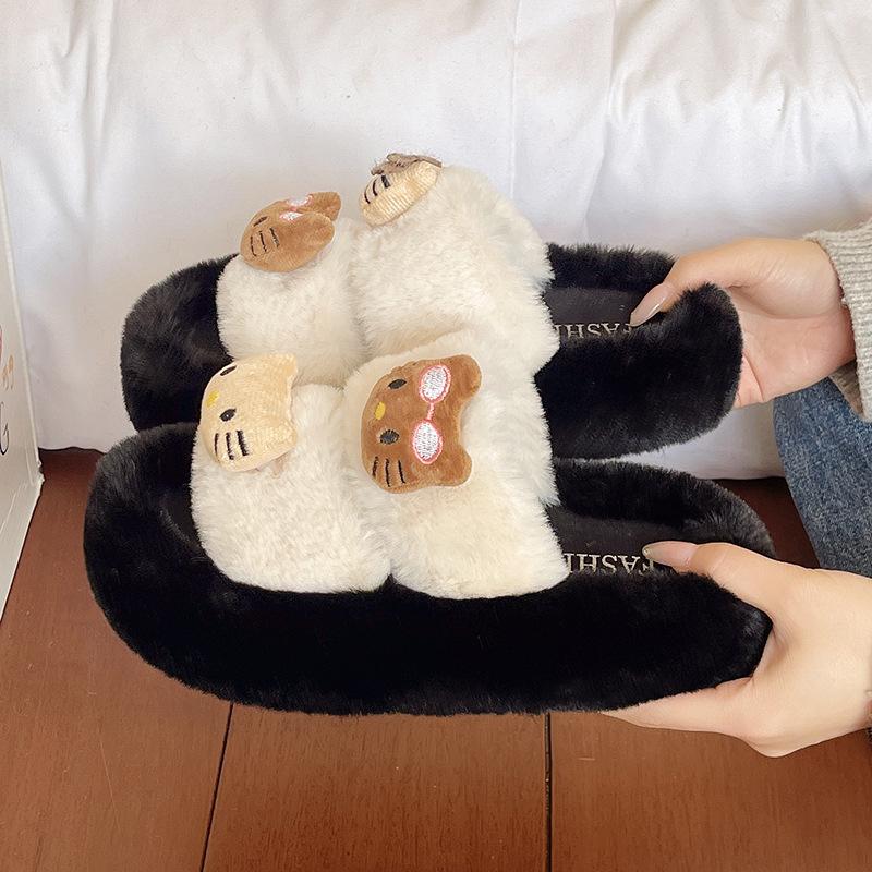 Leopard print thick bottom one-word fluffy slippers women wear 2025 new spring, autumn and winter indoor home Internet celebrity cotton slippers