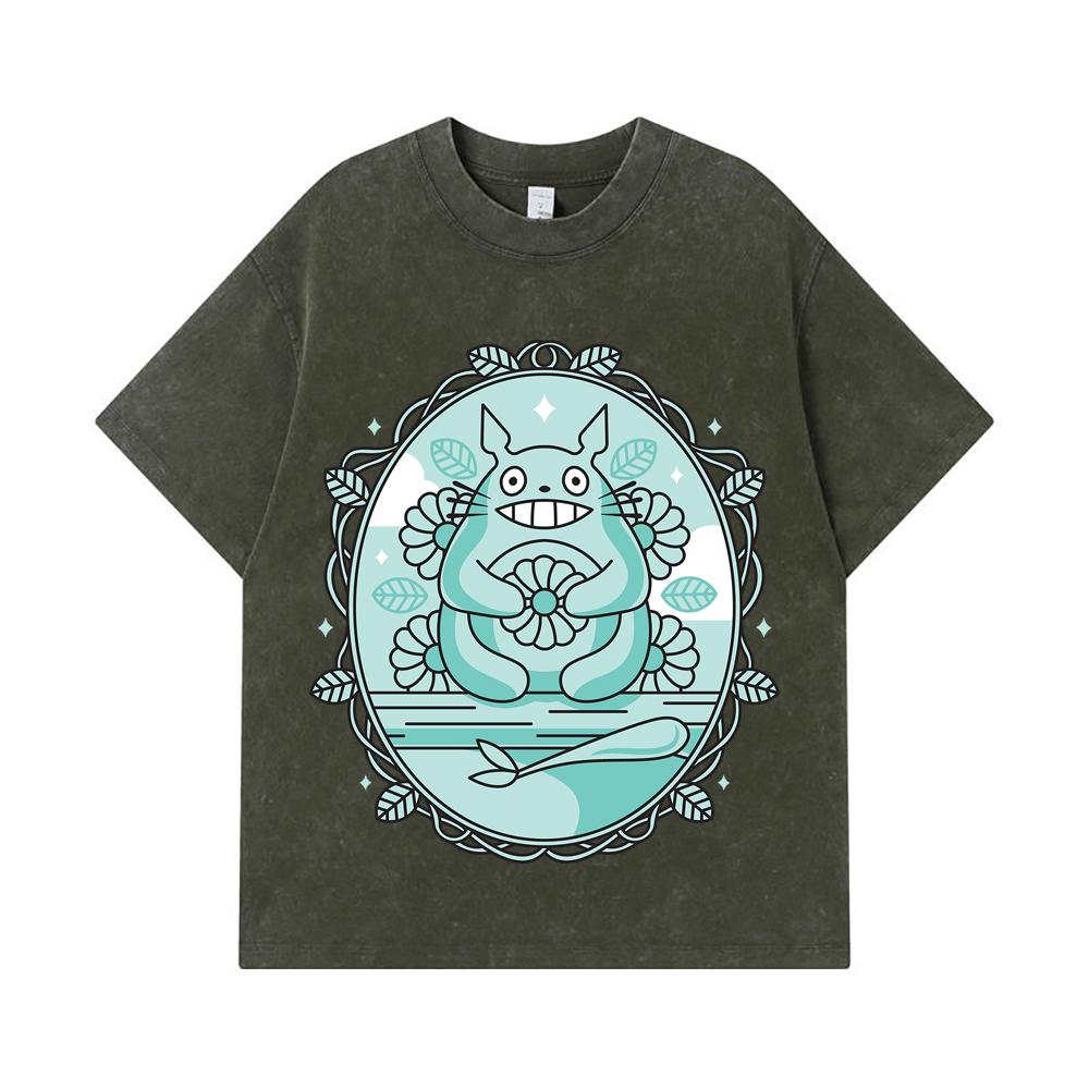 

275 GSM Washed T-shirts 100% Cotton Ghibli V6 Totoro Print Unisex Heavy Cotton T Shirt S армия зеленый