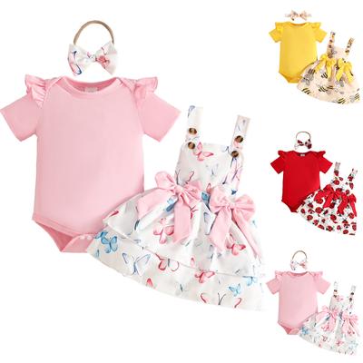 Baby Summer Outfit Set Girl Short Sleeve Bodysuit Romper Ladybug Print Dress with Bowknot Straps and Headband Infant Clothes