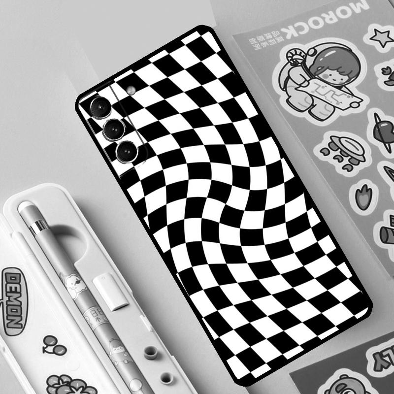 Checkerboard Pattern Mustard Yellow Case For Samsung Galaxy S23 S21 S22 Ultra Plus Note 10 20 S8 S9 S10 Plus S20 FE Cover Case