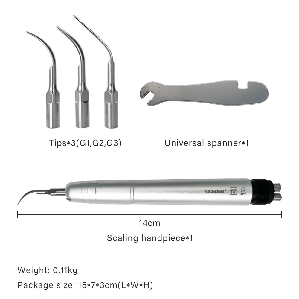 Niceden Dental Ultrasonic Air Scaler with 3 Tips Scaling Handpiece Frequency Pneumatic Scaler 2/4 Holes