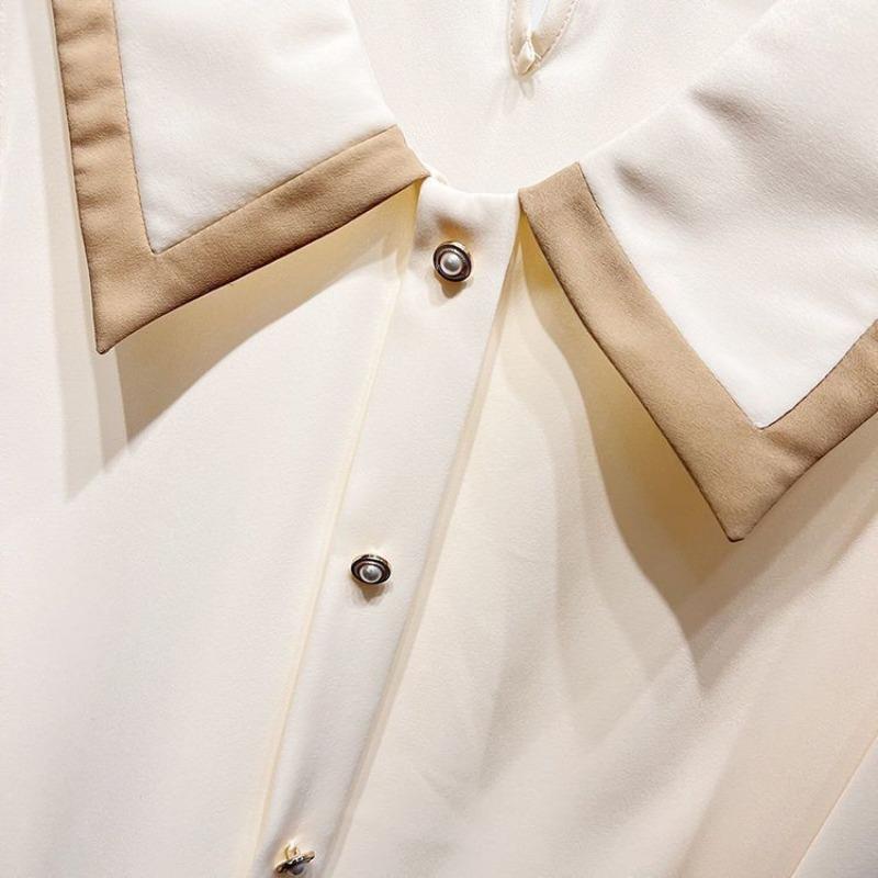 Spring Autumn Polo-neck Patchwork Elegant Fashion Blouse Women Long Sleeve Casual Buttons Cardigan Shirt Top