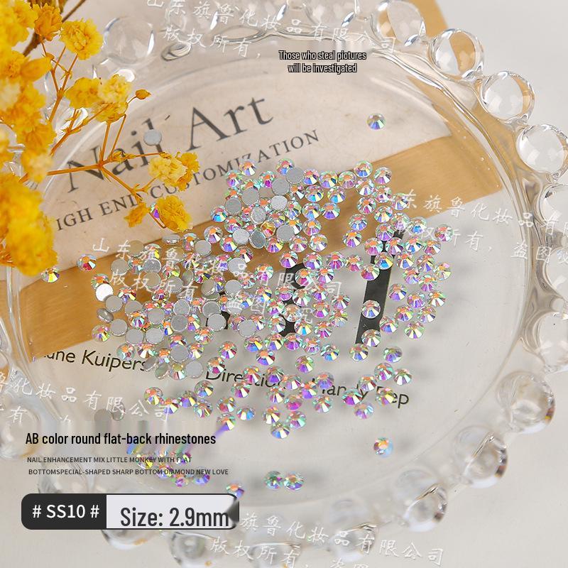 Iridescent AB White Small Round Nail Art Diamonds – Crystal Glass Flat Bottom for Super Shiny Decoration