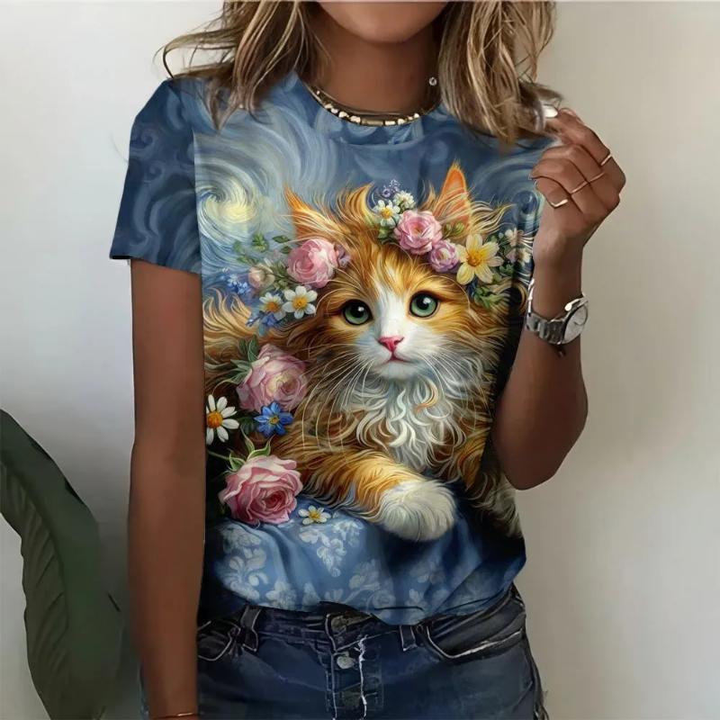 Mode Femme Col Rond Manches Courtes Impression Animale Colorée 3D T-shirt à Manches Courtes et Col Rond Animal