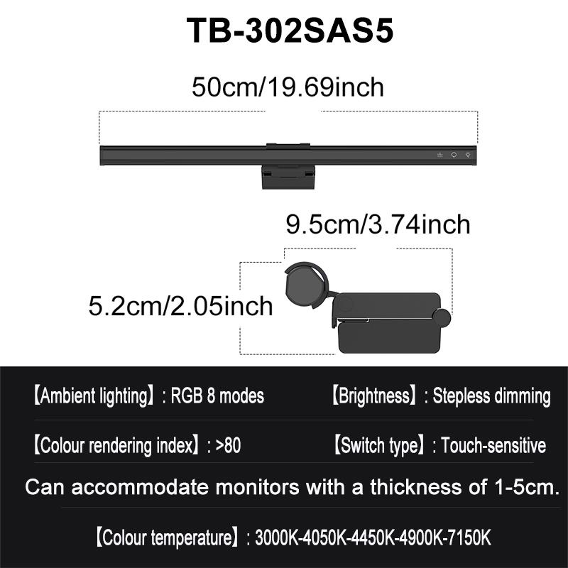 

LED Eye-Care Computer Monitor Wall Lamp with RGB Ambient Light 5 Colour Stepless Dimming 50CM PC Monitor Light for Games Room
