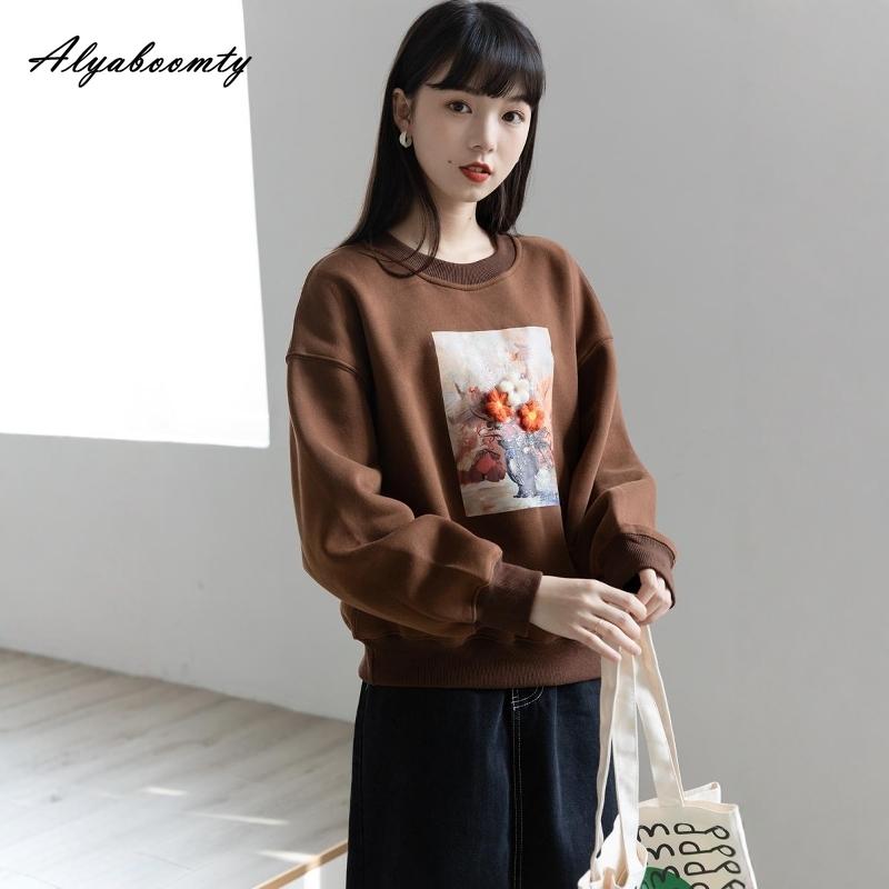 Korejský styl Podzim Zima Dámské Hnědé Mikiny O Krk Květinový Potisk Ležérní Volný Fleecový Pulovr Volný Vintage Dámská Základní Mikina