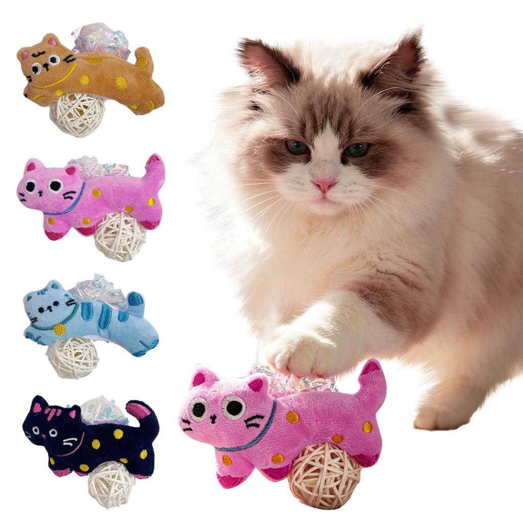 Cute Plush Toy with Rattan Ball, Bell, Crinkle Paper & Catnip - Interactive Chew Toy for Indoor Cats, -Resistant Teething Toy for Kittens