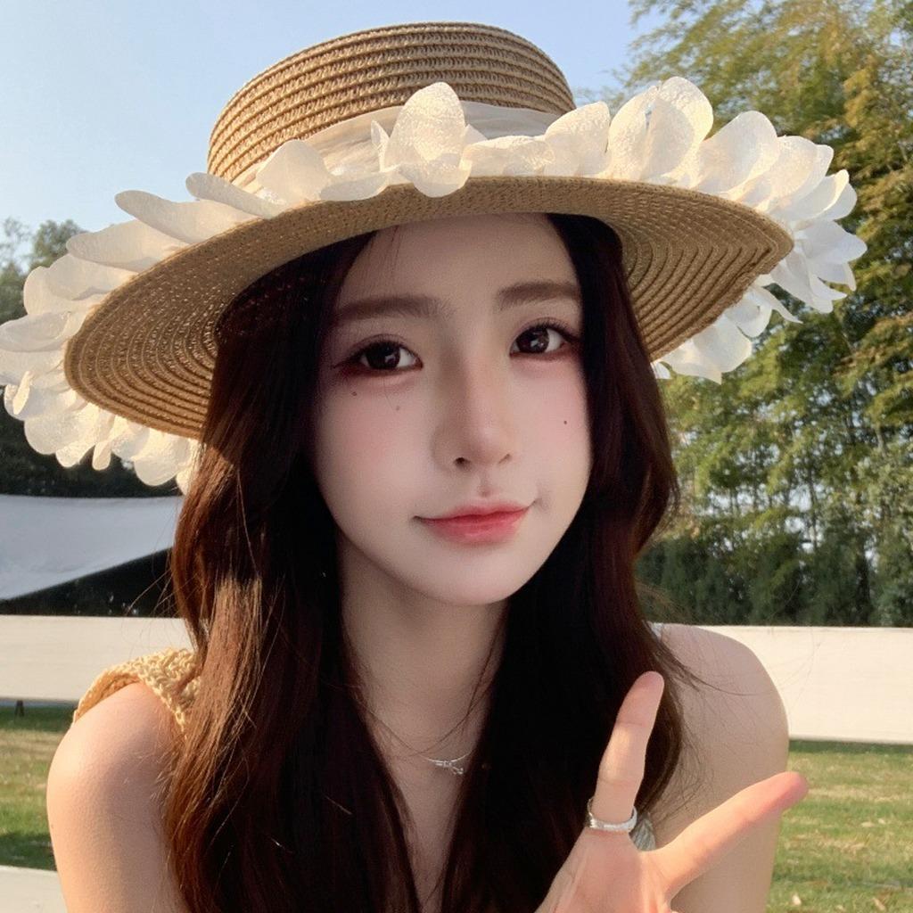 Wide Brim Sun Hat Exquisite Outdoor Vacation Sun Hat Women'S Flat Top Straw Sun Hat Adjustable For Beach Vacation Picnic Seaside