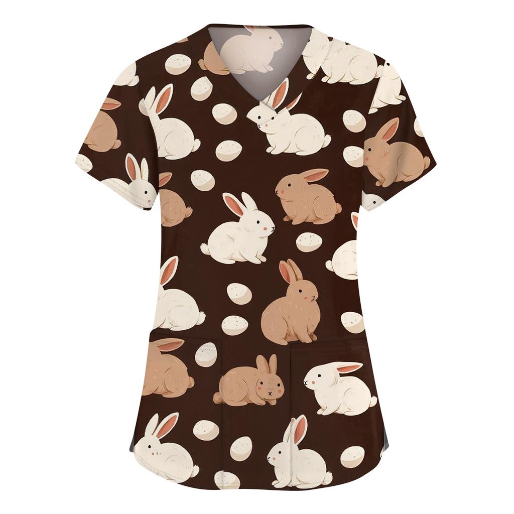 Abbigliamento da lavoro a maniche corte con scollo a V alla moda da donna con top stampati con tasche