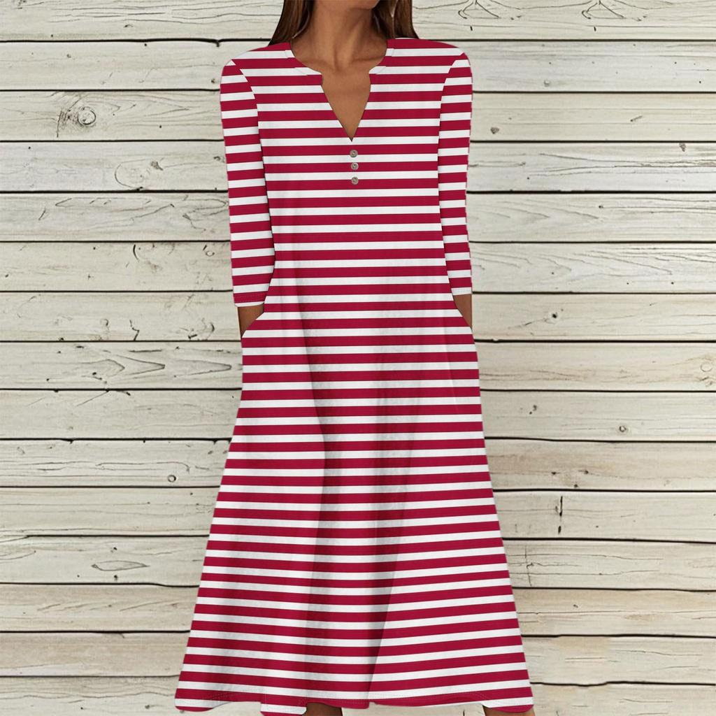 Women's Summer Casual V-Neck Button Stripe Printed Three-quarter Sleeve Long Dress With Pockets