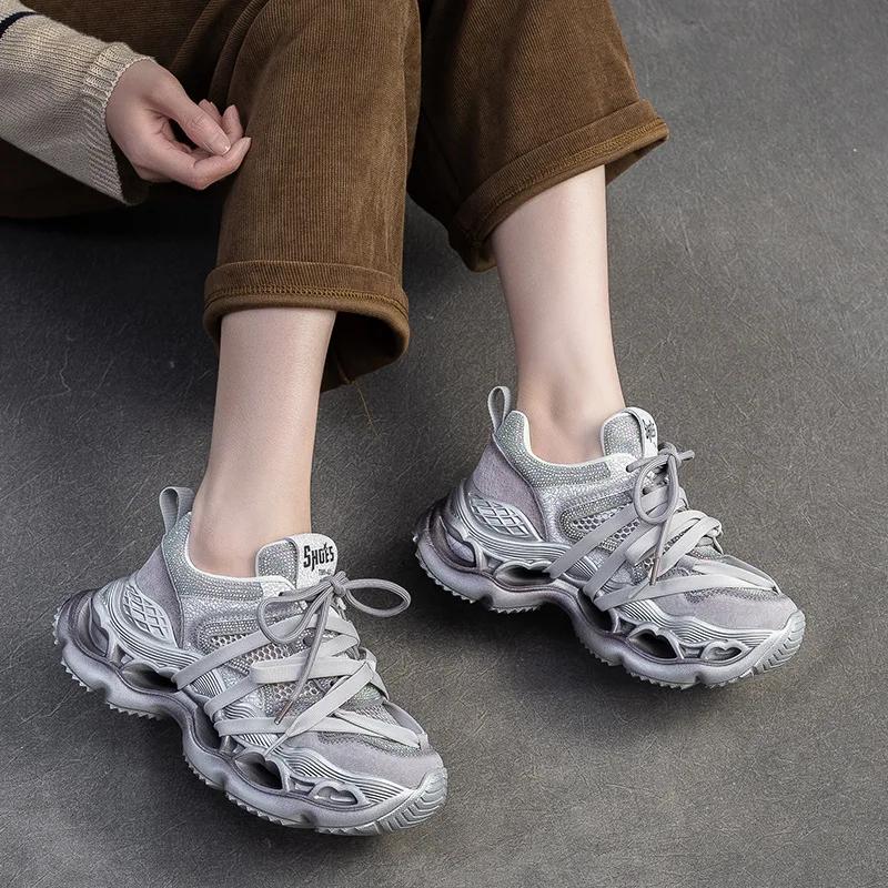 Fashion 6.5CM Women Thick Sole Platform Casual Sneakers Summer Mesh Breathable Mixed Colors Rhinestone Outside Height Increasing Shoes