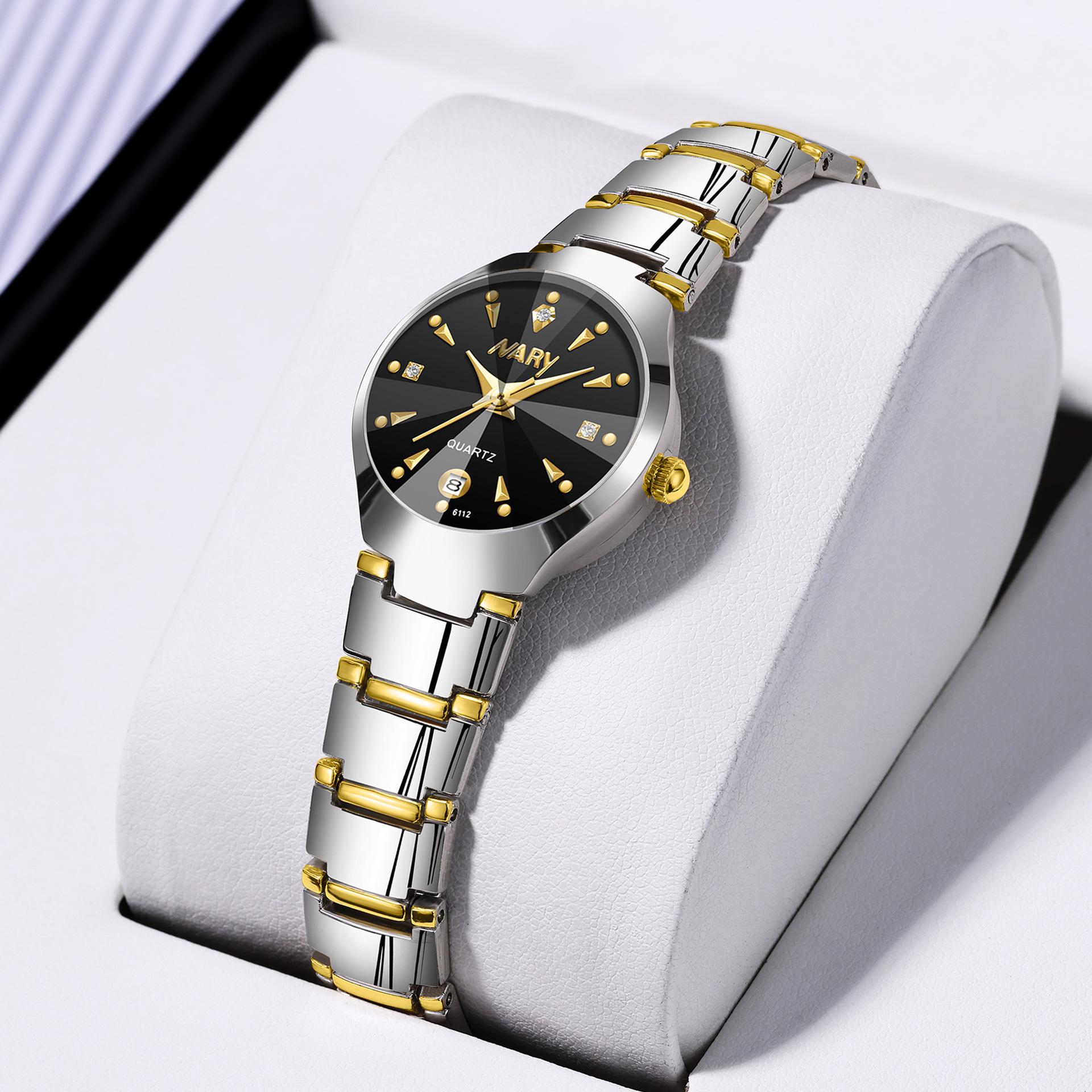NARY Couple Rhinestone-Accent Waterproof Quartz Watches for Men and Women