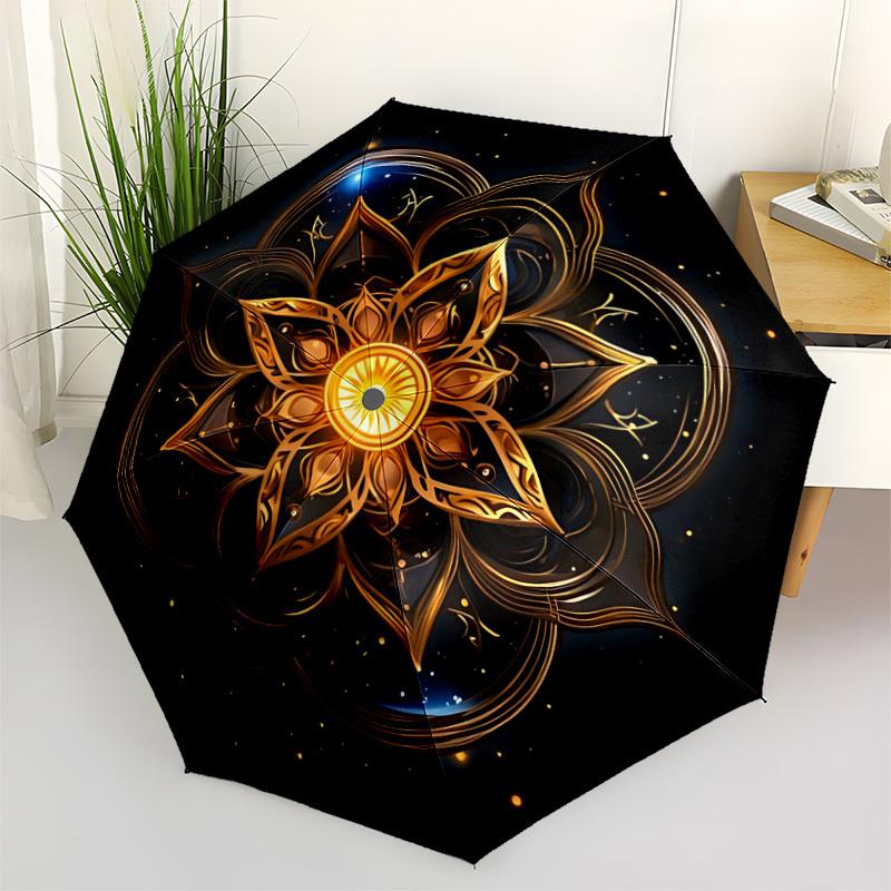 1pc Golden Mandala Auto-Fold Umbrella with One-Touch Open/Close - 8 Reinforced Ribs for Windproof Stability,  Yy251118136