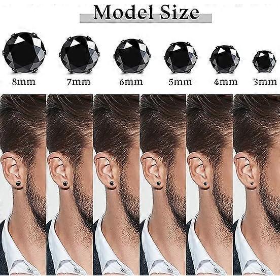 Stainless Steel Mens Womens Stud Earrings Black and Silver Round Cubic Zirconia Inlay, 12 Pairs 3mm - 8mm
