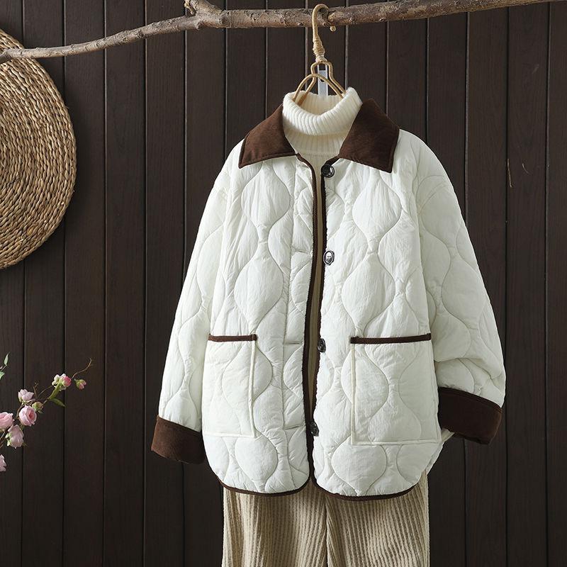 Autumn Down Cotton Padded Jacket Women's Contrast Lapel Rhombic Thin Short Loose Spring Cotton Padded Casual Coats Female