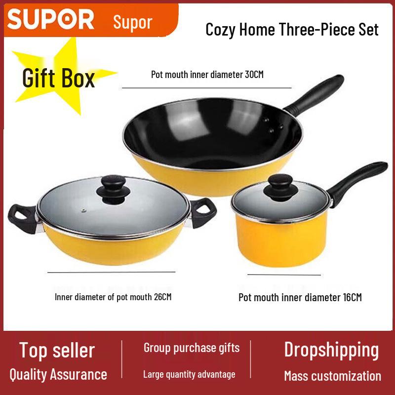 Supor Warm Home 3-Piece Cookware Set: 30cm Wok, 26cm Hot Pot, 16cm Milk Pot 30cm Wok + 26cm Hot Pot + 16cm Milk Pot