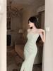 Elegant Satin Square Neck Pleated Camisole Bodycon Dress - Women's Slim Fit Long Summer Dress, New Arrival.