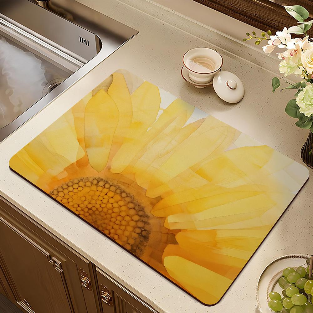 Yellow Sunflower Retro Draining Pad Drying Mat For Kitchen Bar Coffee Dishes Rubber Quick Drying Water Absorbent Anti-slip Mat