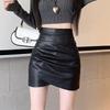 Women's Black PU Leather High-Waist Irregular Pleated Skirt - Spring/Autumn 2025 Collection