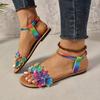 Fashion Plus Size Flat Sandals Spring Summer New Round Toe Open Toe Colorful Flower Studded Soft Sole Non-Slip Roman Shoes