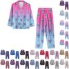 Conjunto de pijama de 2 piezas con estampado de manga larga y pantalón ancho con botones para mujer, traje informal para el hogar