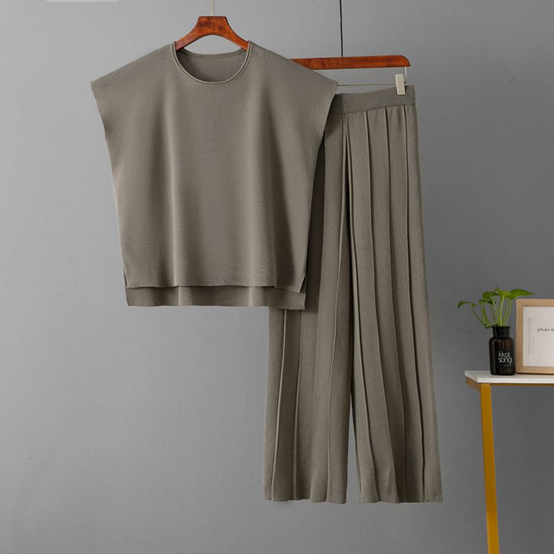 

Casual Set Women clothes Summer New Solid Sleeveless Vest Knit Wide Leg Pants Plus size set Set Chestnut Ash One size