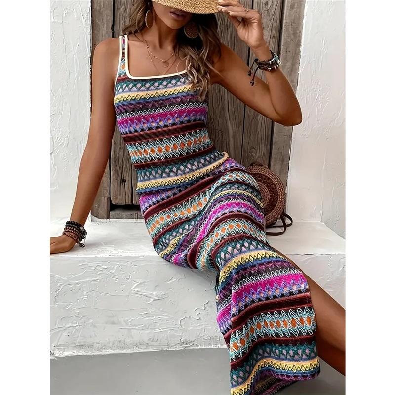 Street Fashion Casual Randig Ärmlös Fyrkantig Krage Klänning Dam