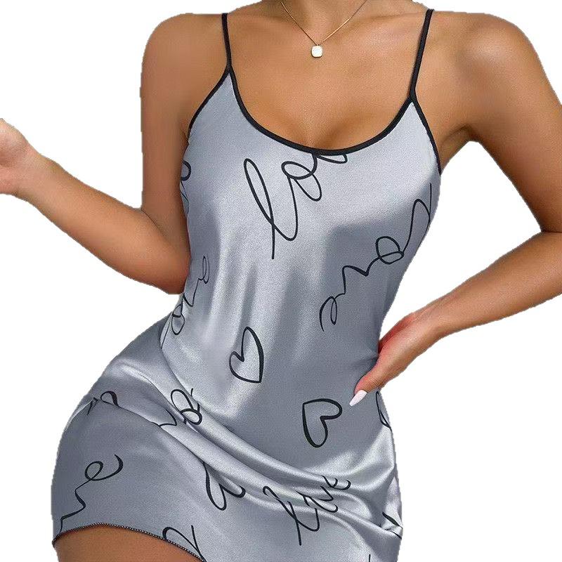 Damen Sommer Seide Ärmelloses Nachthemd - Sexy Eis Seide Druck Kurz Slip